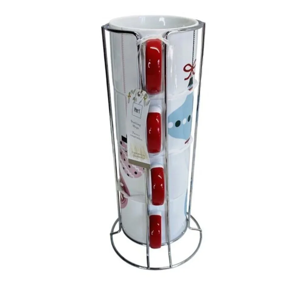 Pier One Stacking Mug Set on Stand Christmas Ornaments Red Handles Stoneware